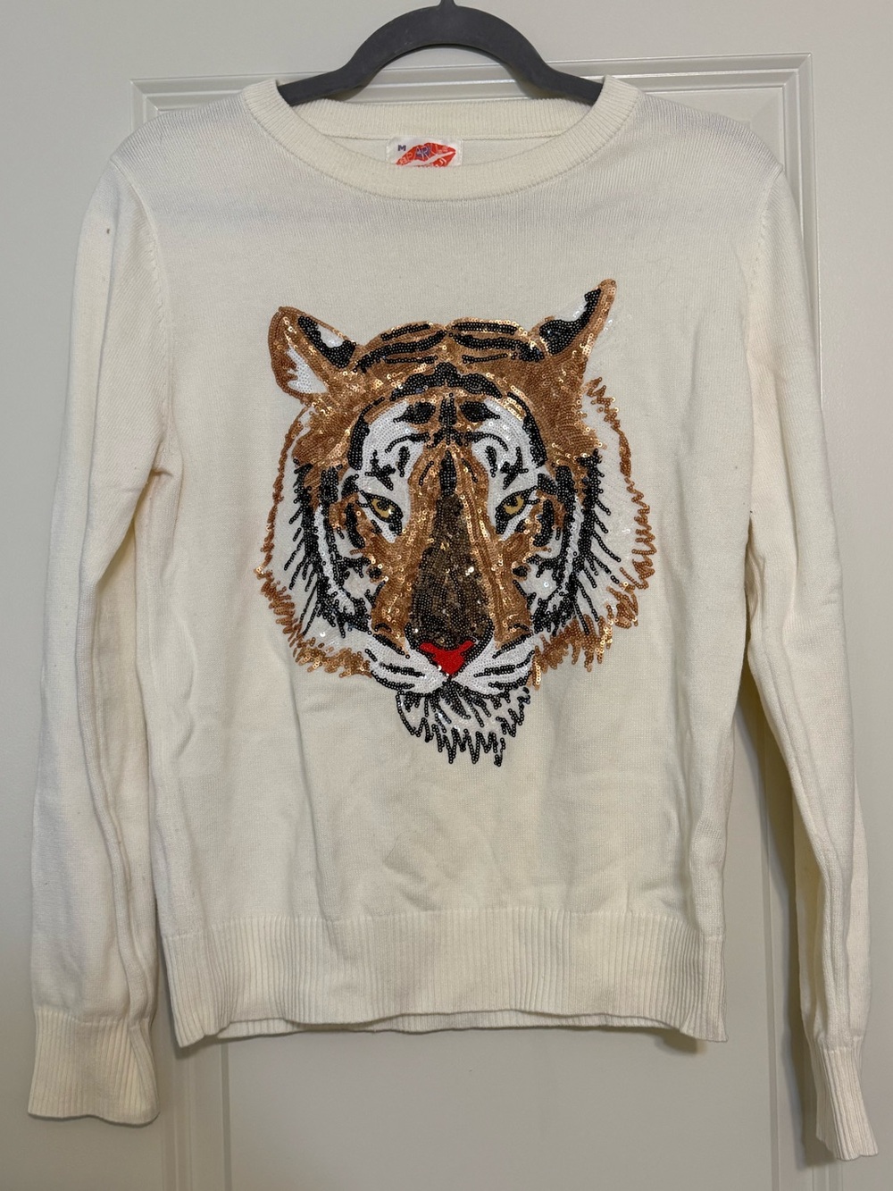 Cream Sequin Tiger Crewneck Sweater